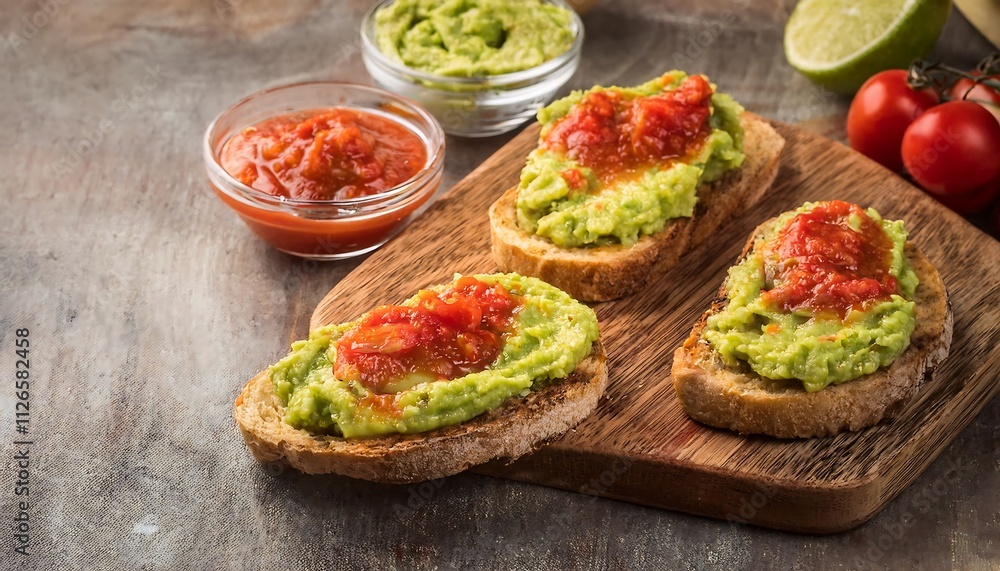 slices of bread with tomato sauce and guacamole on a wooden board, garnished with parsley and cherry tomatoes. slices of bread with tomato sauce and guacamole on a wooden board, garnished with parsley and cherry tomatoes.