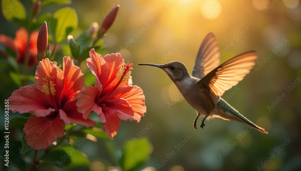 Naklejka premium wallpapers A beautiful hummingbird hovering near vibrant hibiscus flowers in soft sunlight. The scene captures the essence of nature and wildlife. AI generated.