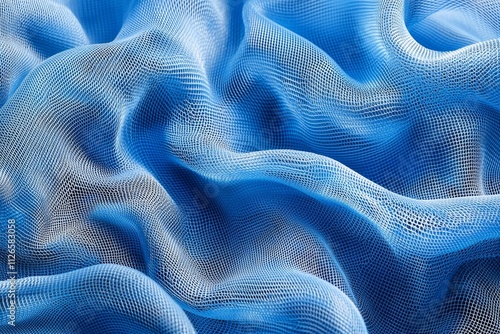 Close-up of blue mesh fabric, with waves and folds, against a vibrant blue background. 