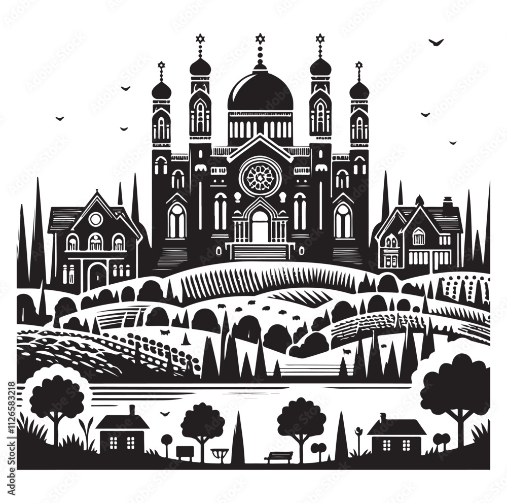 Obraz premium Synagogue Landscape silhouette vector illustration