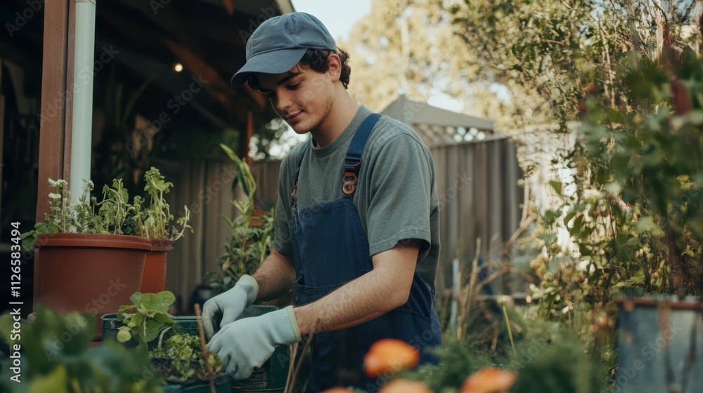Portrait of a young male gardener in the backyard