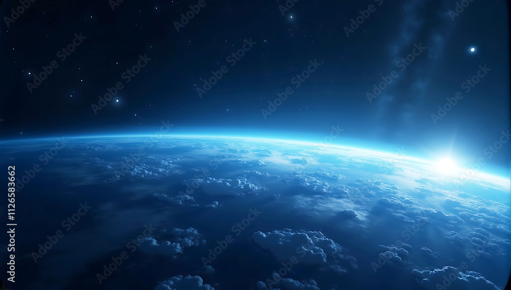 Fototapeta premium beyond the confines of the earth, starry night sky, cosmic view, glowing planet, blue atmosphere