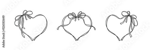 Set of hand drawn boho heart ribbon frames. Valentines Day, wedding, Save the Date romantic design elements for invitations, greeting cards. Cute line drawing. Coquette flirty girly illustration