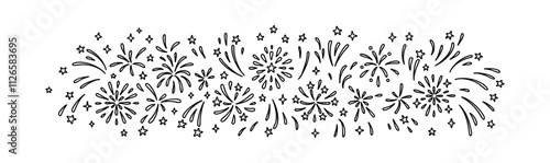 Doodle firework background. Happy New Year eve and Merry Christmas festive hand drawn vector pattern. Firecracker rocket explosion in the sky. Glitter, star, sparks, twinkle, confetti party border