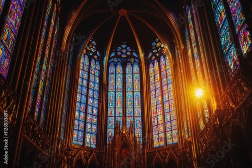 Vibrant stained glass art illuminates grand cathedral showcasing music and artistic expression in a sacred space captured from an architectural perspective