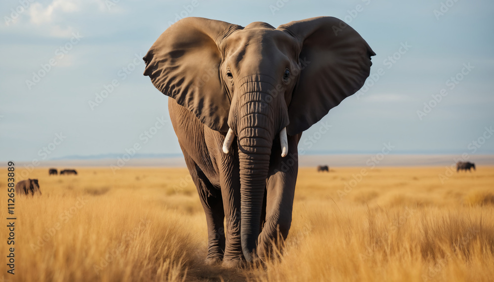 Fototapeta premium wallpapers A stunning view of an African elephant standing proudly amidst golden grasses under a bright sky. This image captures the beauty of wildlife in its natural habitat. AI generated