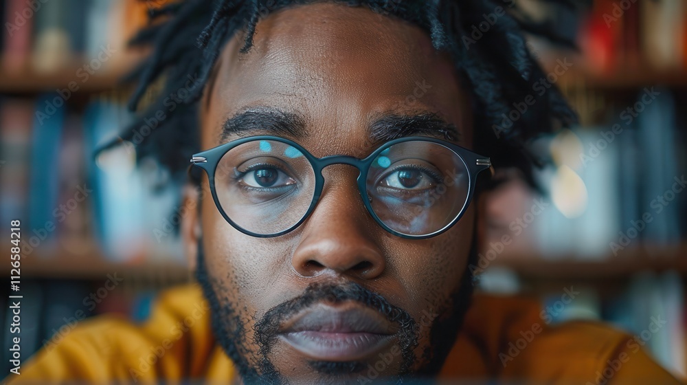 Intense gaze of a thoughtful man in a cozy library, captured during a quiet afternoon study session. Generative AI Intense gaze of a thoughtful man in a cozy library, captured during a quiet afternoon study session. Generative AI