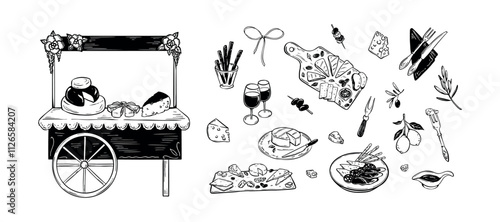 Set of cheese shop hand drawn sketch design elements. Dairy counter doodle handwriting clipart. Farm market cheese and wine stall. Local fair vendor. Charcuterie board and tapas platte. Wine glass