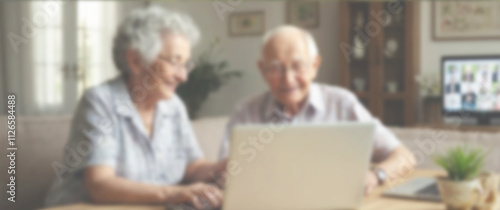 A senior man sitting with a laptop, blending technology and age gracefully, blurred background, old man and laptop