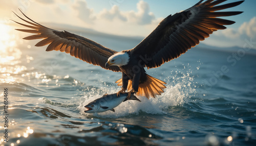 wallpapers A stunning image of an eagle in mid-flight as it catches a fish in the water, symbolizing power and freedom. AI generated. photo