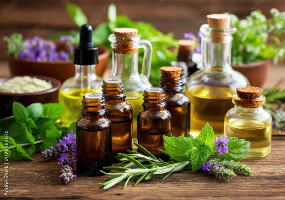 A rustic arrangement of essential oil bottles and fresh herbs displayed on a wooden surface A rustic arrangement of essential oil bottles and fresh herbs displayed on a wooden surface