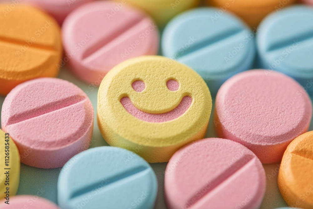 Close-up of colorful pills with a smiley face on one, in pastel colors, conveying a happy and cheerful mood. Close-up of colorful pills with a smiley face on one, in pastel colors, conveying a happy and cheerful mood.