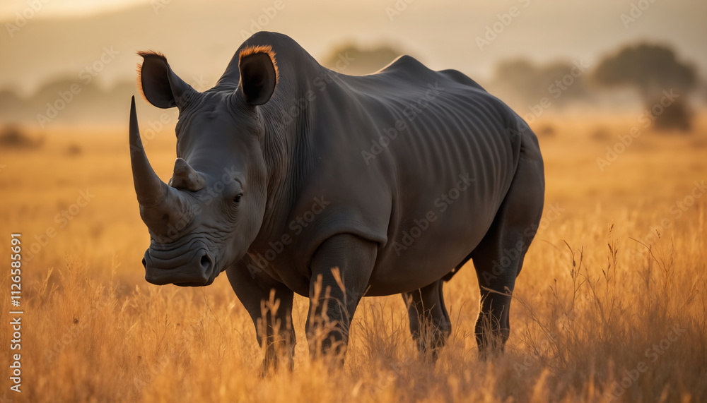 Obraz premium wallpapers A stunning black rhinoceros stands gracefully in golden grasslands during sunset, showcasing nature's beauty and tranquility. AI generated.