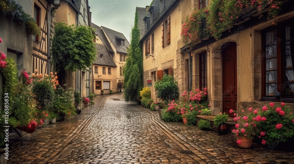 Charming Cobblestone Street With Flower Pots And Old Houses Charming Cobblestone Street With Flower Pots And Old Houses
