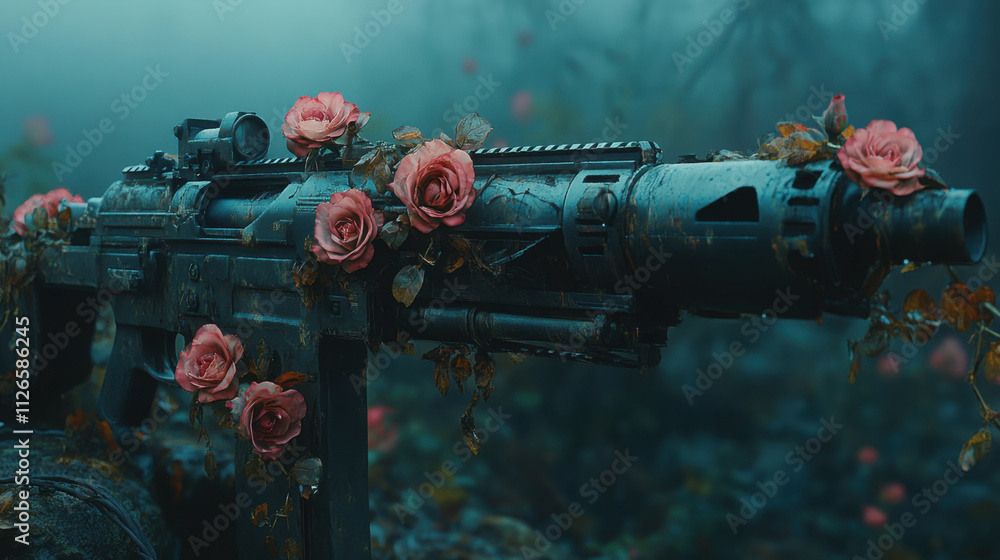 Fototapeta premium Flower weapons, A futuristic weapon adorned with vibrant roses, set against a misty, ethereal background, blending themes of beauty and conflict.