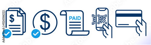 payment done icon set. paid icons document and check sign on white