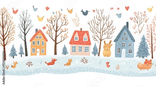 Charming winter village scene with snow-covered houses, trees, and animals, creating a cozy and festive holiday atmosphere