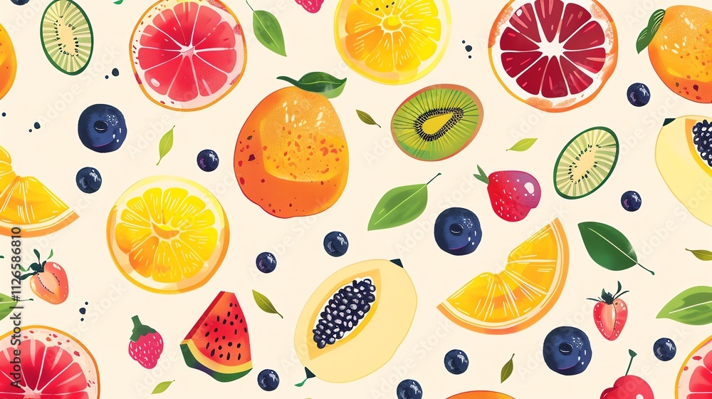 A seamless pattern with various fruits, including oranges, grapefruits, kiwi slices, strawberries, and papaya, on a light beige background.