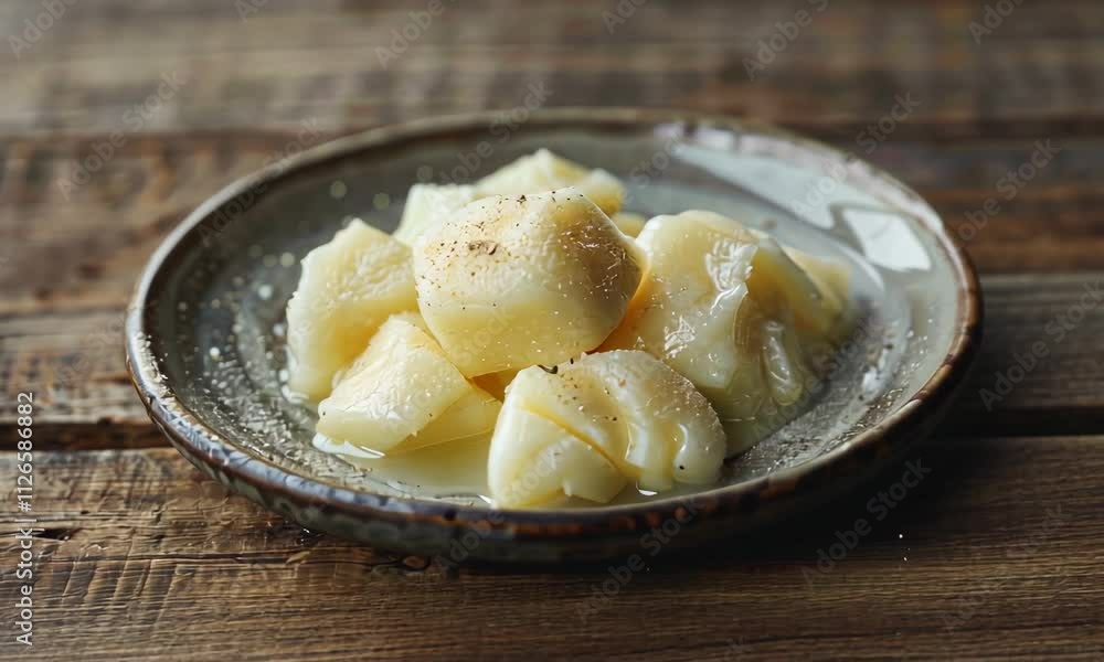 Potato dish with creamy sauce on rustic wooden table Potato dish with creamy sauce on rustic wooden table