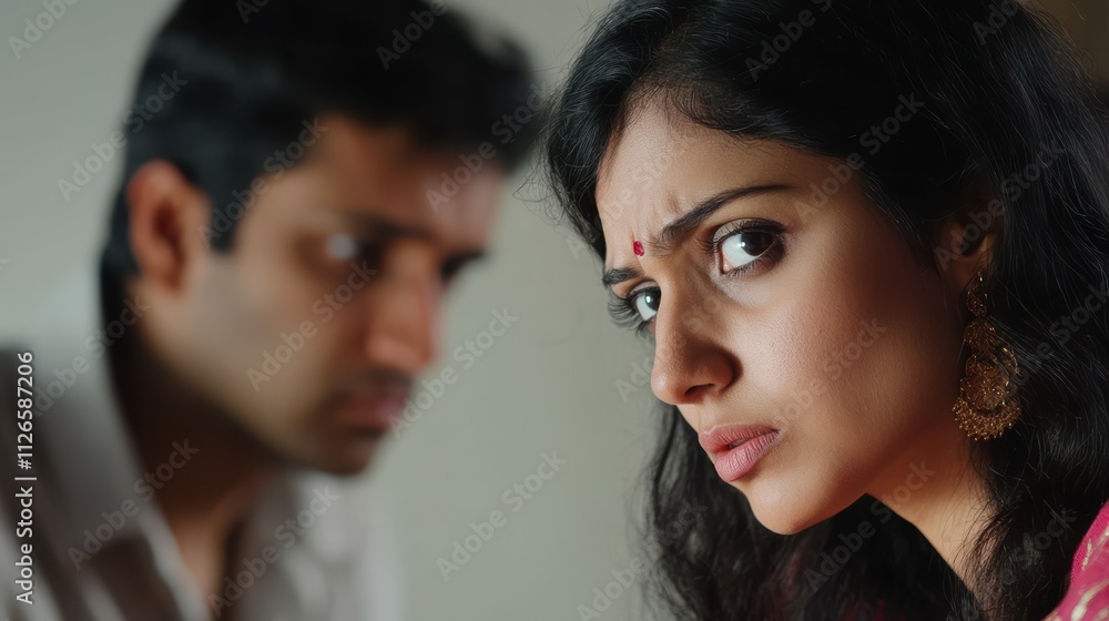 Problems, quarrel and divorce. Indian couple having domestic scandal, upset young wife and husband turned away and ignoring each other Problems, quarrel and divorce. Indian couple having domestic scandal, upset young wife and husband turned away and ignoring each other