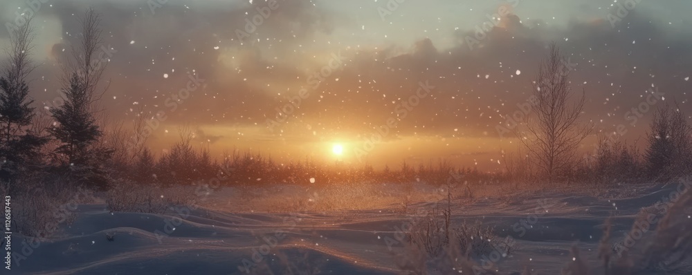 Fototapeta premium Winter landscape with sunset and falling snowflak