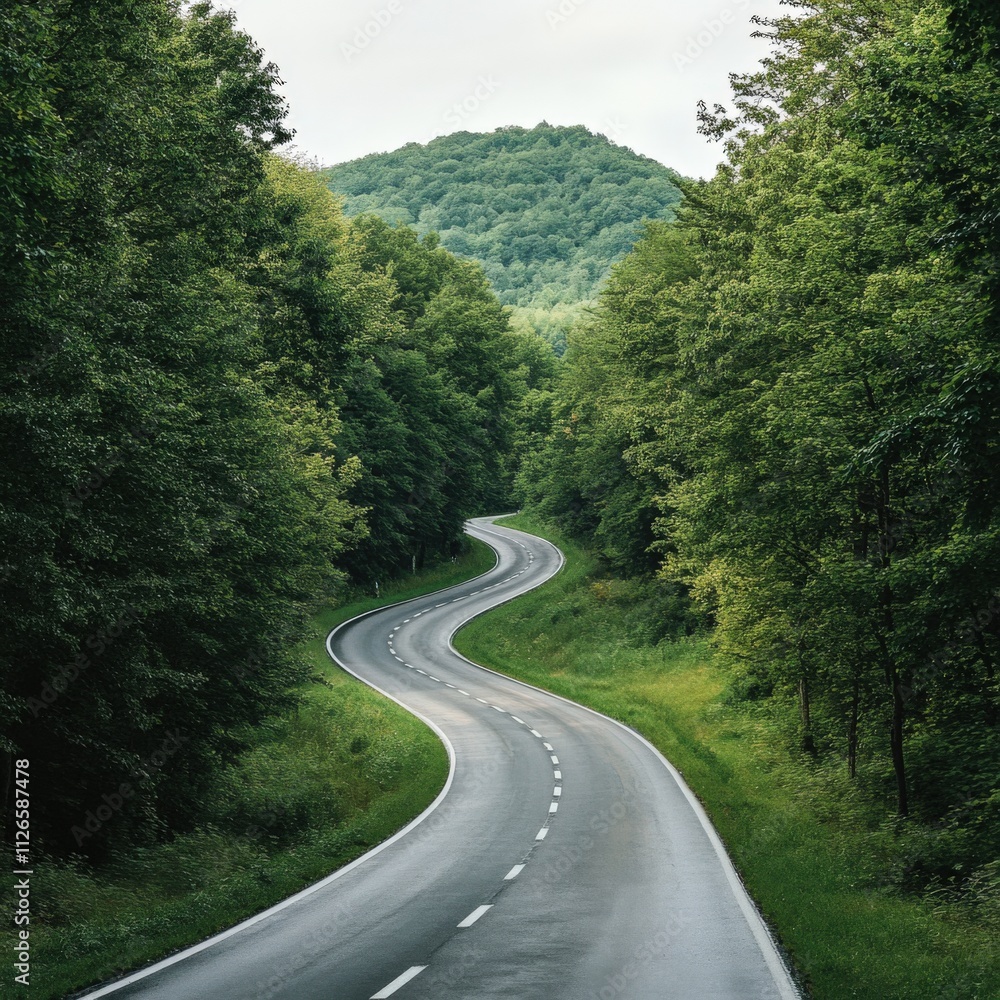 winding road through lush green forest winding road through lush green forest