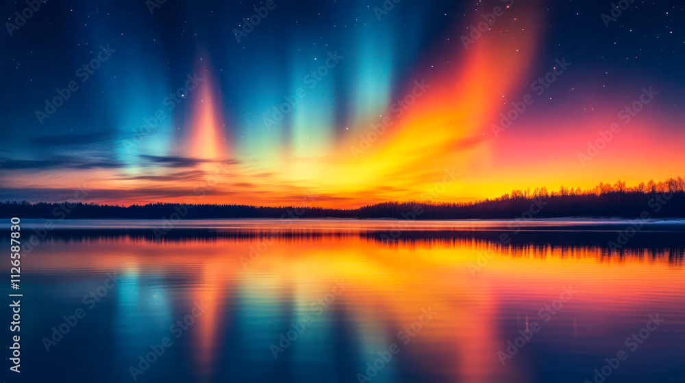 Fototapeta premium Aurora borealis, blue and yellow polar lights over body of water