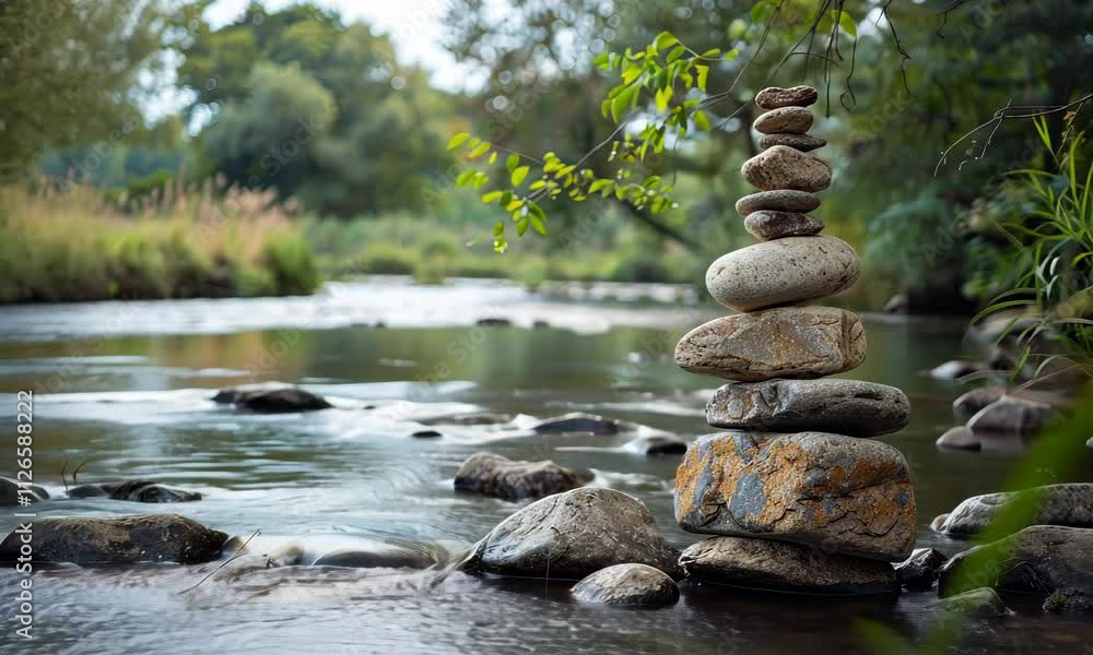 Balanced stones beside calm river surrounded by greenery Balanced stones beside calm river surrounded by greenery