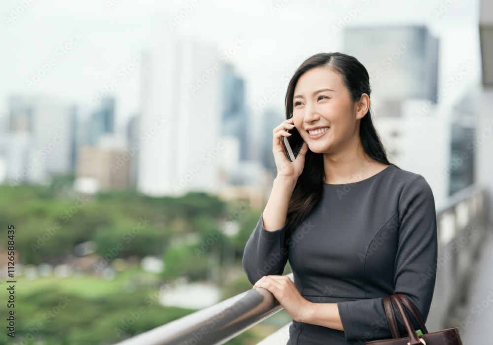 Happy businesswoman talking on mobile phone on office balcony Happy businesswoman talking on mobile phone on office balcony