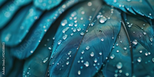 elegance green blue bird feather close up shot and wet water dew dropping macro turquoise color