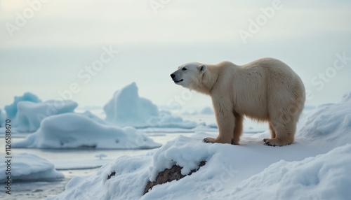 wallpapers A majestic polar bear stands on a snowy terrain, surrounded by icebergs and a tranquil landscape, showcasing the beauty of the Arctic. AI generated.