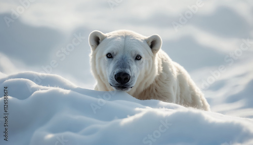 wallpapers A majestic polar bear resting atop a snow-covered landscape, showcasing its beautiful white fur and serene expression. AI generated. photo