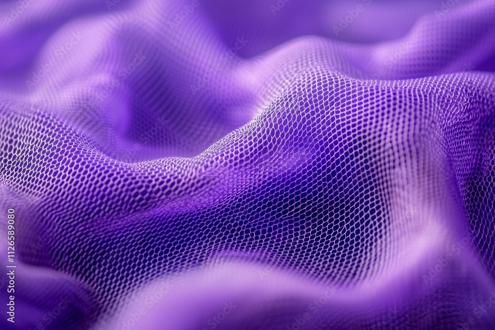 Close-up of purple mesh fabric, with waves and folds, against a vibrant purple background Close-up of purple mesh fabric, with waves and folds, against a vibrant purple background