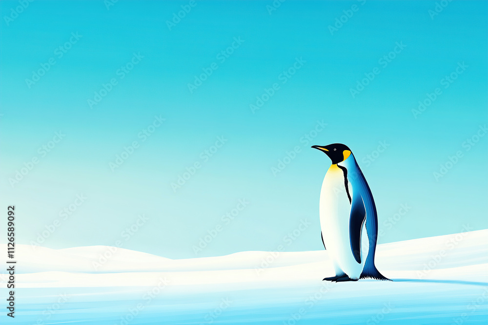 Naklejka premium Elegant emperor penguin standing alone on a snowy landscape under a clear blue sky