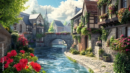 Fototapeta Naklejka Na Ścianę i Meble -  A scenic view of a river running through a quaint European village with cobblestone streets, stone bridges and vibrant flowers
