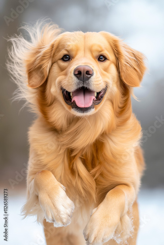 A golden retriever running in the snow with its mouth open