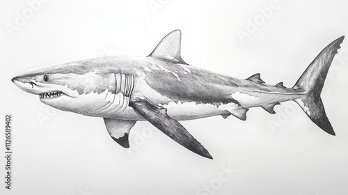 Shark Detailed Naturalistiс Illustration in Black and White. Intricate Pencil Artwork.  Zoological Monochrome animal Anatomy Drawing photo