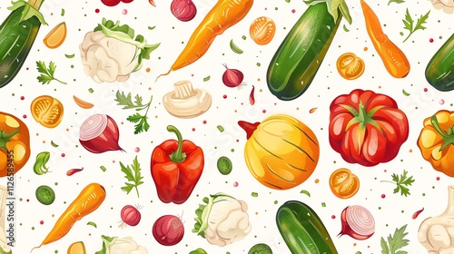 A seamless pattern of colorful vegetables on a white background.