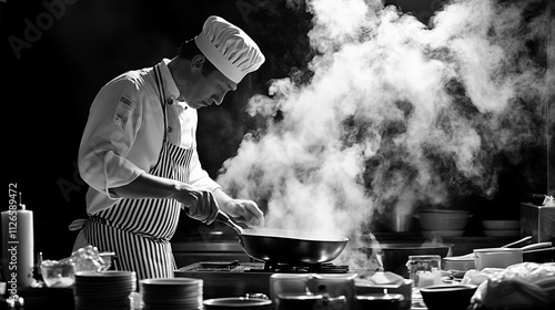 Fototapeta Naklejka Na Ścianę i Meble -  Professional chef cooking delicious food in wok with hot steam in restaurant kitchen