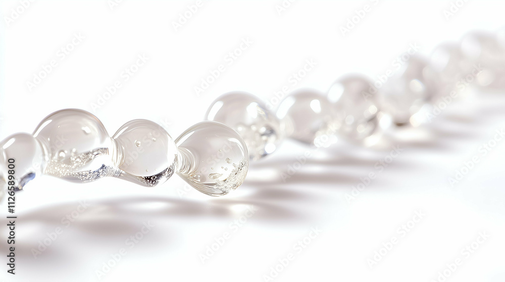 Clear and glossy ice beads arranged in a row, showcasing perfect transparency and a sleek surface. Capturing the beauty of frozen water on a white background. Clear and glossy ice beads arranged in a row, showcasing perfect transparency and a sleek surface. Capturing the beauty of frozen water on a white background.