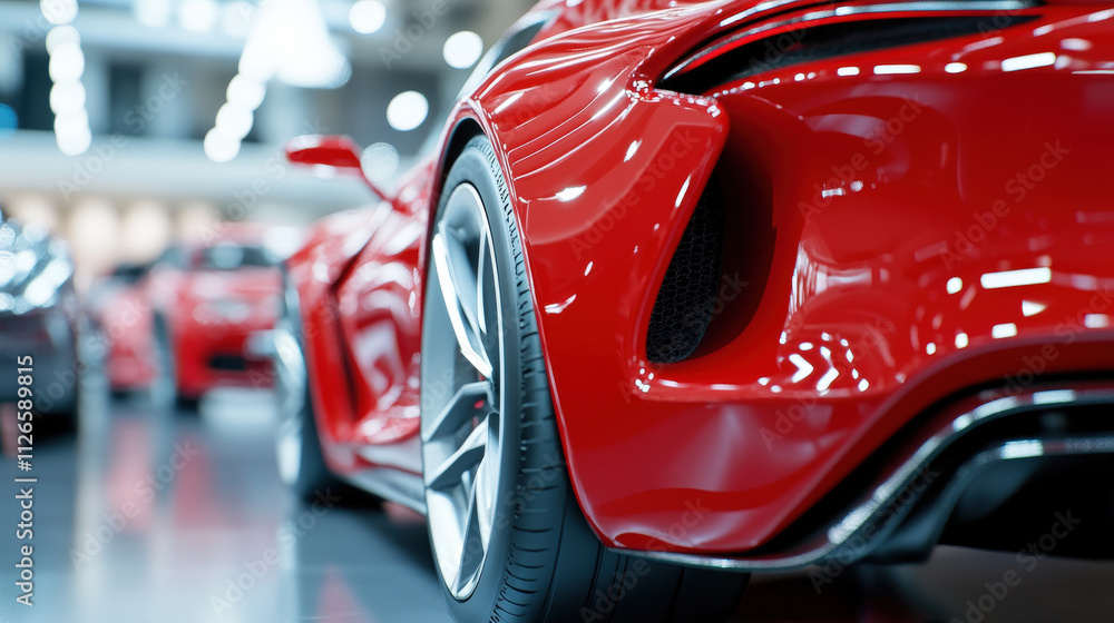 Stunning Close-up of a Sleek Red Sports Car Highlighting Curves and Design Elements in a Modern Showroom Environment Stunning Close-up of a Sleek Red Sports Car Highlighting Curves and Design Elements in a Modern Showroom Environment