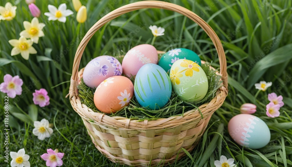 Fototapeta premium Basket of hand-painted Easter eggs placed in lush green grass, with pastel colors and spring flowers in the background