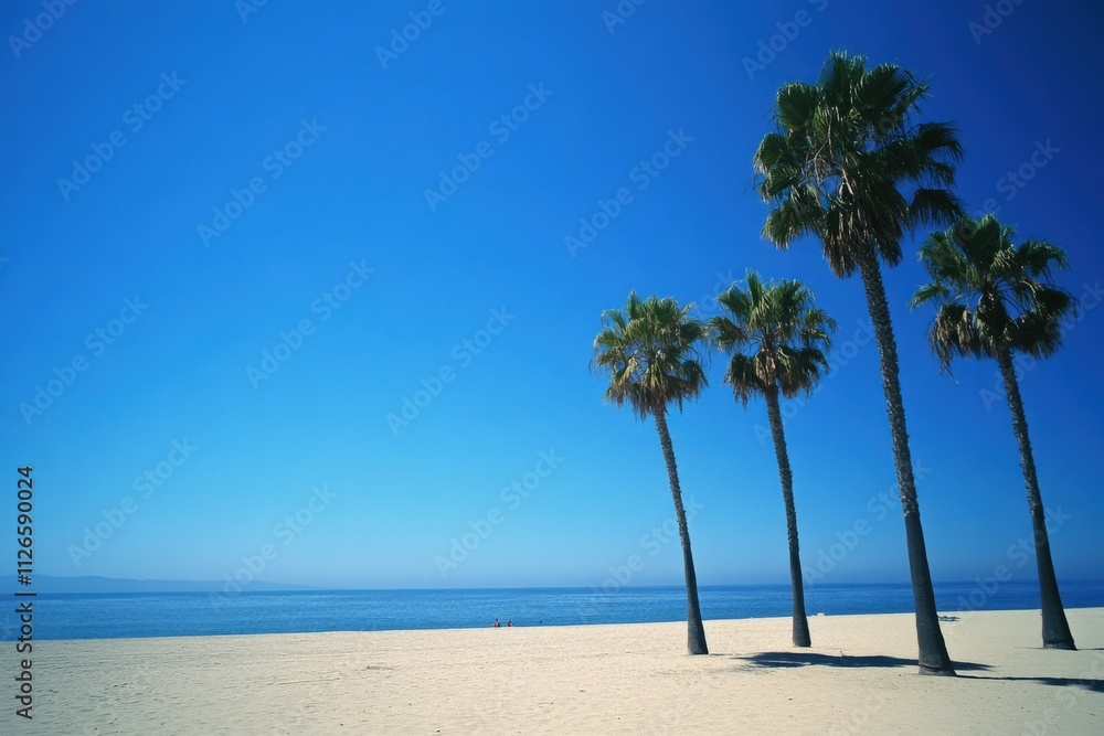 Fototapeta premium serene beach scene with palm trees under a clear blue sky