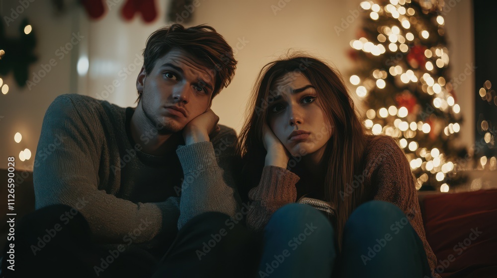 Relationships difficulties and winter holidays. Upset offended young couple sitting at home over Xmas decorations and garland lights on background Relationships difficulties and winter holidays. Upset offended young couple sitting at home over Xmas decorations and garland lights on background