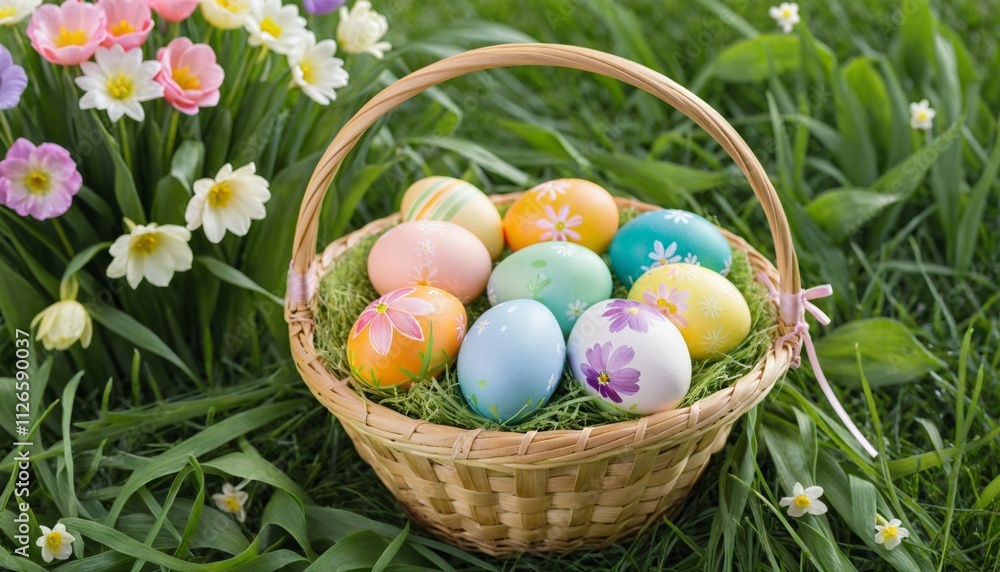 Basket of hand-painted Easter eggs placed in lush green grass, with pastel colors and spring flowers in the background Basket of hand-painted Easter eggs placed in lush green grass, with pastel colors and spring flowers in the background