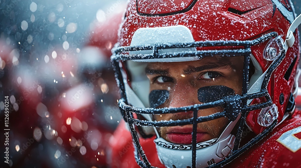 Determined Football Player in Snowy Game Winter Sports Action Determined Football Player in Snowy Game Winter Sports Action