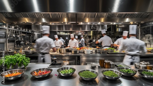 Fototapeta Naklejka Na Ścianę i Meble -  Professional chefs preparing food in busy restaurant kitchen