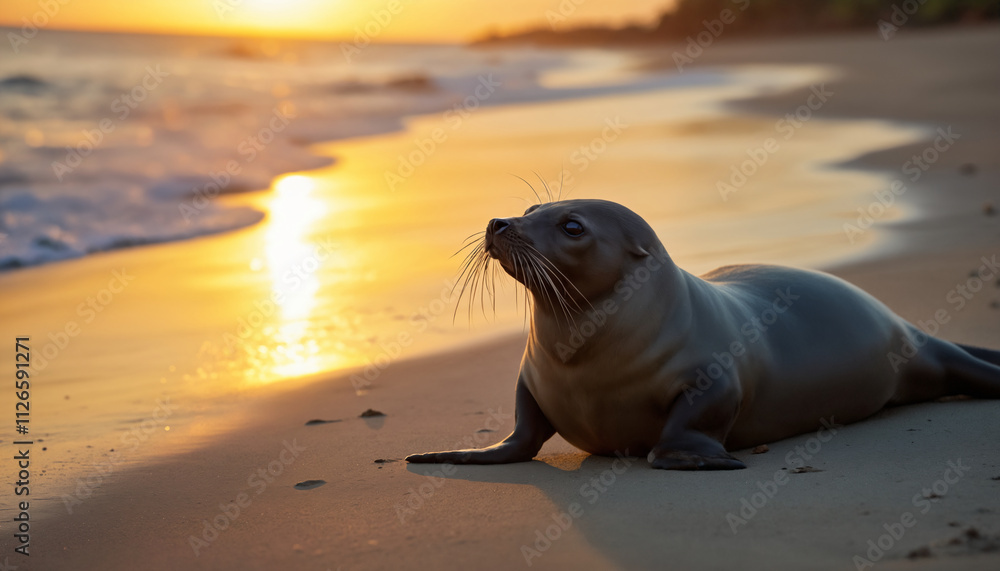 Obraz premium wallpapers A serene scene of a seal resting on the beach as the sun sets. The warm glow reflects on the water and the sand, creating a peaceful atmosphere. AI generated