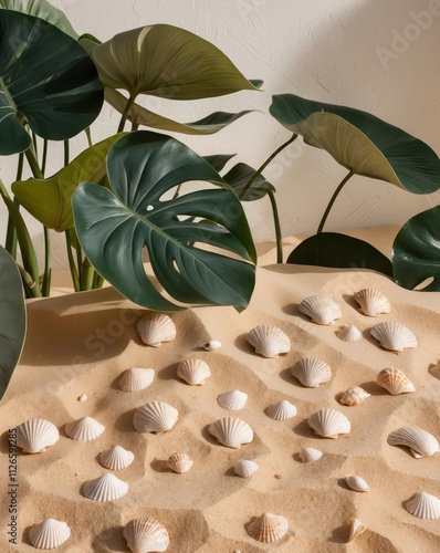 Serene Beach Scene with Seashells and Tropical Foliage on Sand Background photo