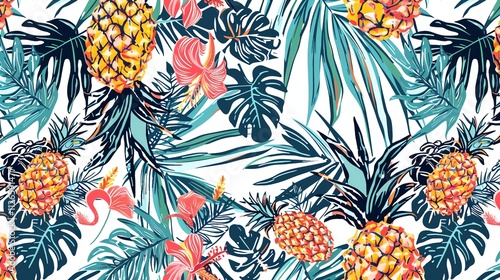 A colorful tropical pattern featuring pineapples, leaves, and flowers.